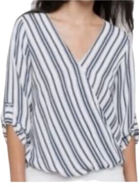 WEST KEI 100% Linen Faux Wrap Blouse Sleeve Tab High Low Blue White Striped M.